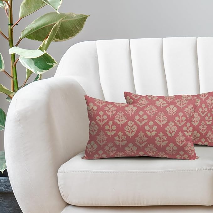 Pink Pillow Covers 12x20 Inch Set of 2, Cream Floral Block Print Pattern Lumbar - Image 5