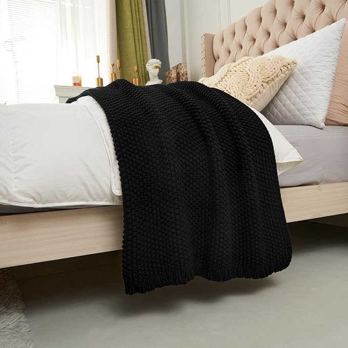 Chunky Cable Knit Throw Blanket Lightweight Black 100% Organic Cotton Blanket - Image 6