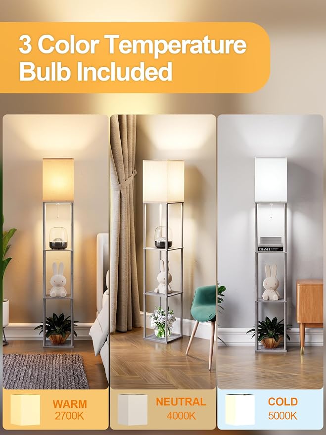 Floor Lamp with Shelves for Living Room, Shelf Floor Lamp with 3 CCT LED Bulb - Image 3