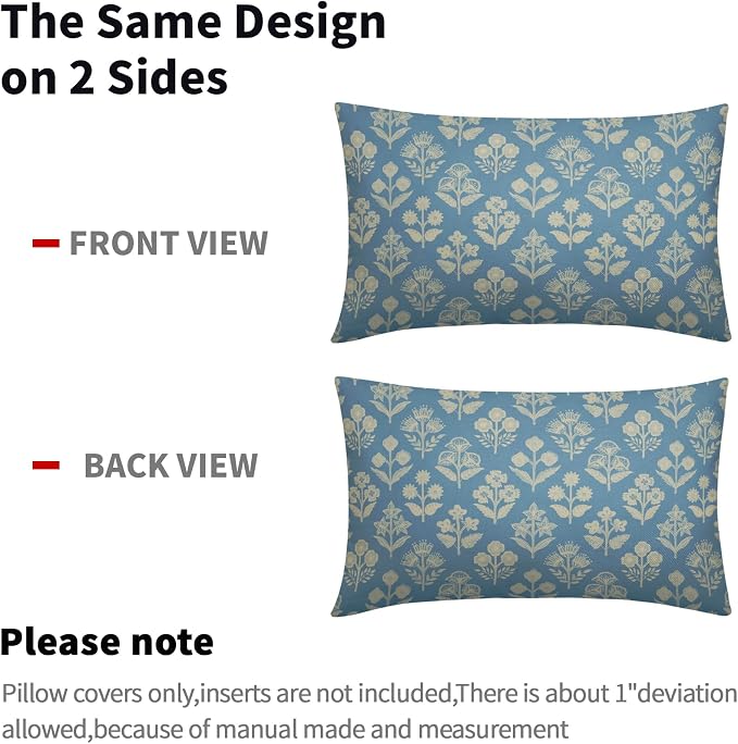 Light Blue Pillow Covers 12x20 Inch Set of 2, Cream Floral Block Print Pattern - Image 4
