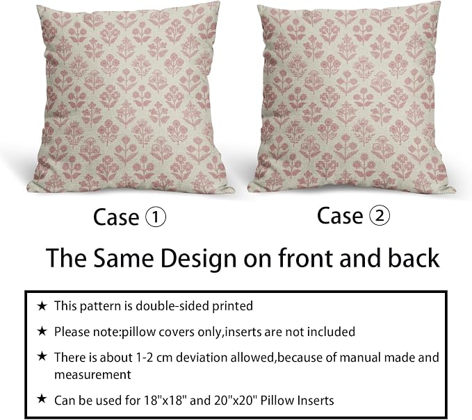 Pink Floral Pillow Covers 24x24 Inch Set of 2, Vintage Flower Block Print - Image 6
