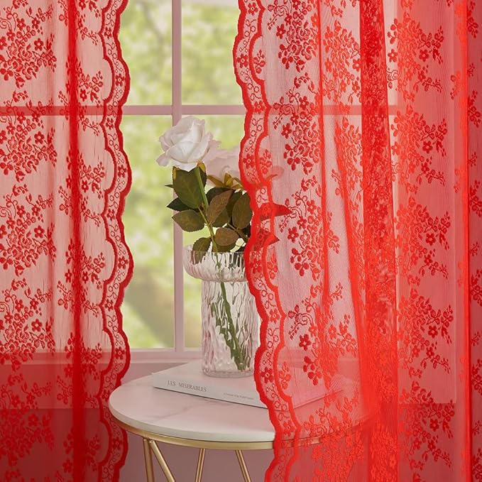 YJ YANJUN Vintage Lace Curtains 63 Inch Length 2 Panels Set Christmas Red Sheer by YJYANJUN