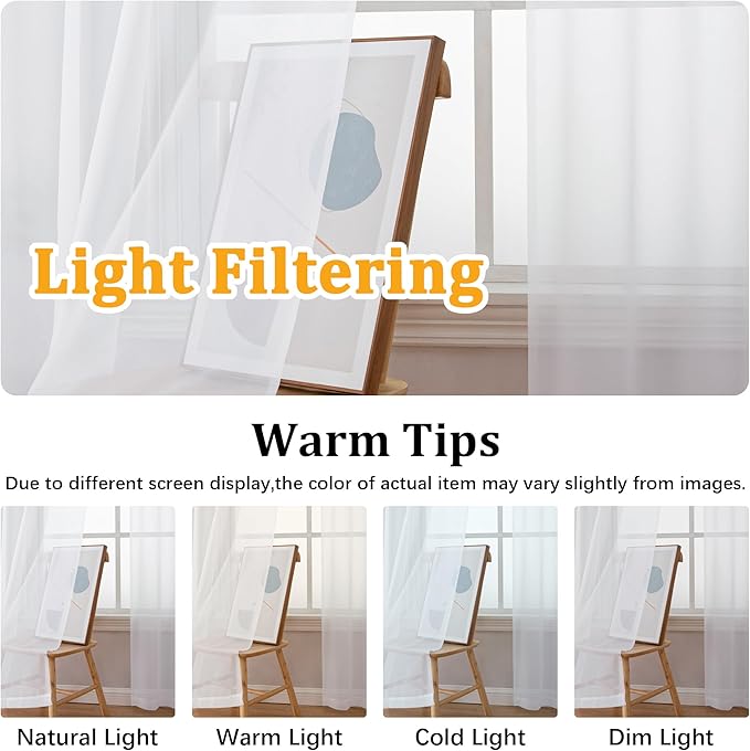 Gwine White Sheer Curtains 30 Inch Length, Short Light Filtering Voile Small - Image 6