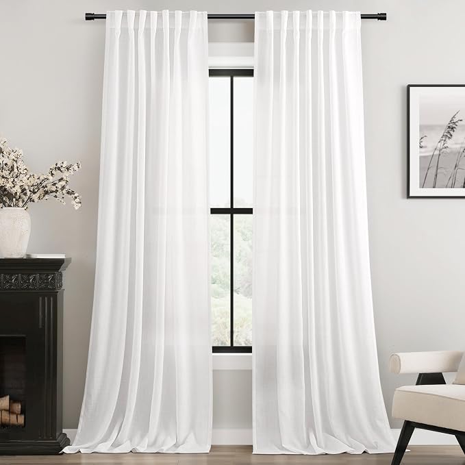 White Curtains 98 inches Long 2 Panels Back Tab Light Filtering Cotton Textured by Jolilight