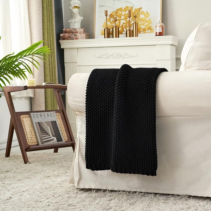 Chunky Cable Knit Throw Blanket Lightweight Black 100% Organic Cotton Blanket - Image 2