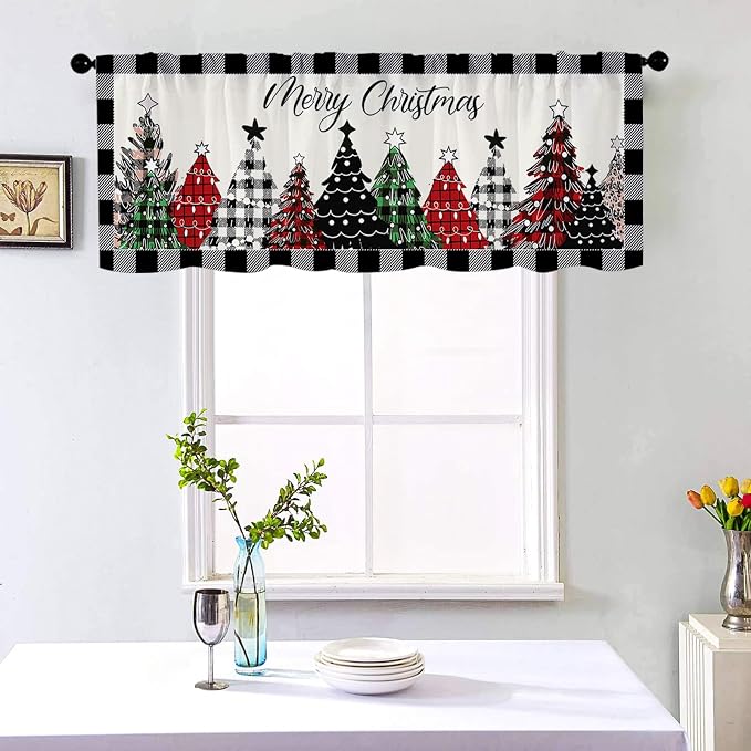 Christmas Kitchen Curtains Black and White Buffalo Plaid Christmas Tree Windows - Image 2