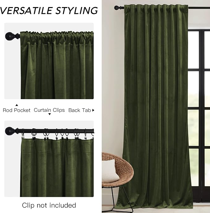 RYB HOME Olive Green Velvet Curtains 72 inches Length - Image 2