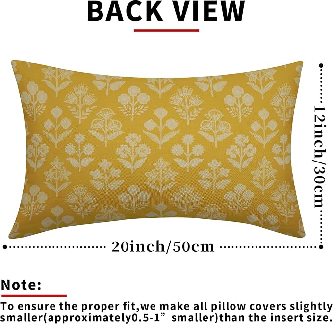 Yellow Pillow Covers 12x20 Inch Set of 2, Cream Floral Block Print Pattern - Image 3