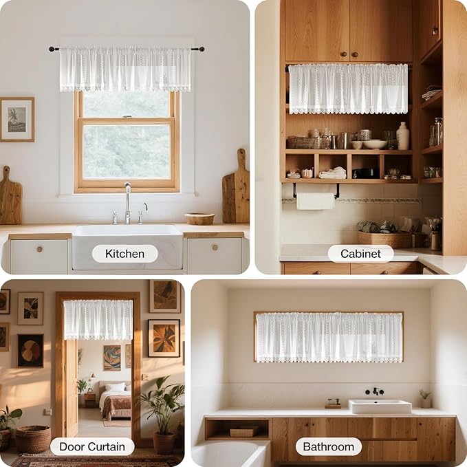 Rinwoc White Lace Semi-Sheer Valance Cafe Curtains 2 Panels – Vintage Boho - Image 3