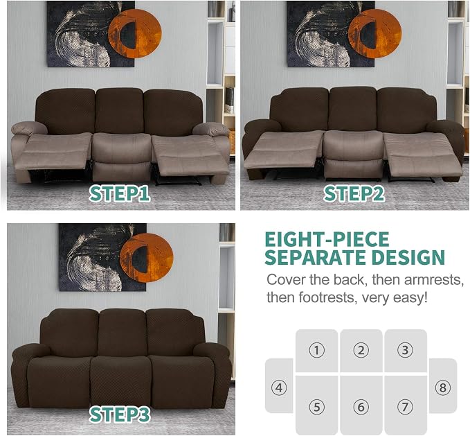 YEMYHOM 8 Pieces Stretch Recliner Sofa Cover Latest Jacquard Reclining Couch - Image 7