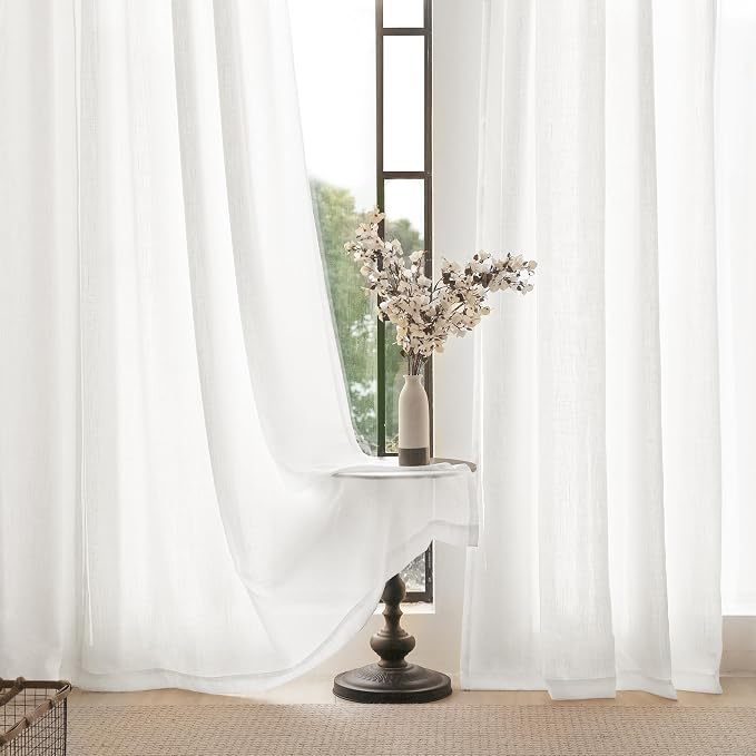 White Linen Curtains 63 inch Length 2 Panel Set - Image 4