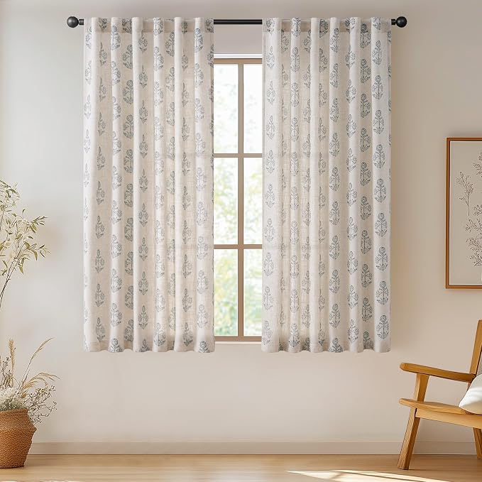 jinchan Linen Floral Curtains for Living Room 63 Inch Length Blue Flower - Image 2
