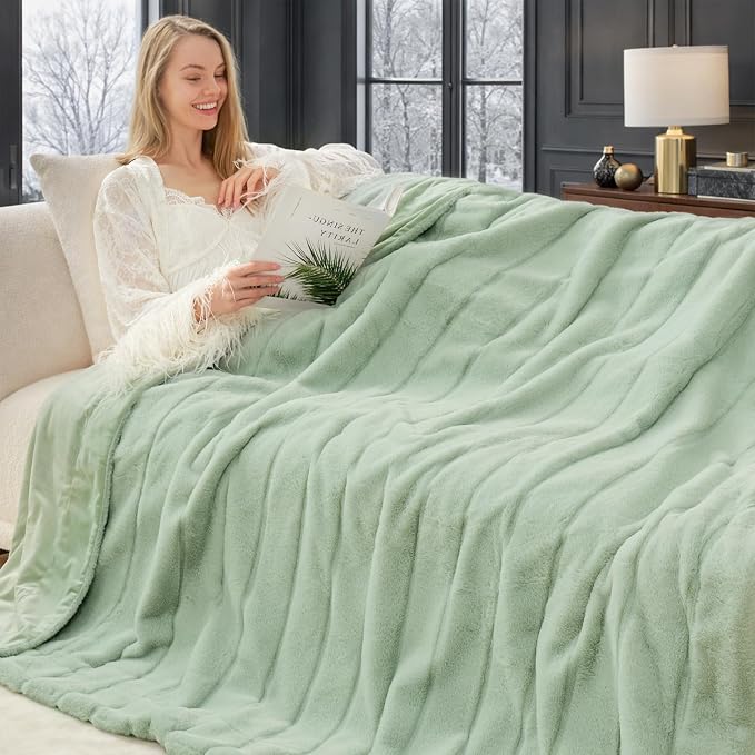 Cozy Bliss Deluxe Sheared Rabbit Faux Fur Throw Blanket, Soft Fuzzy High-Low - Image 2
