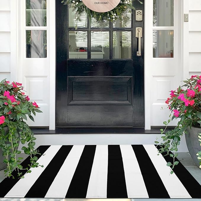 IOHOUZE Black White Striped Rug -27.5" X 43" Front Door Mats Outdoor, Washable by iOhouze