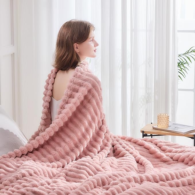 NEWCOSPLAY Super Soft Throw Blanket Pink Premium Silky Flannel Fleece 3D Ribbed - Image 4