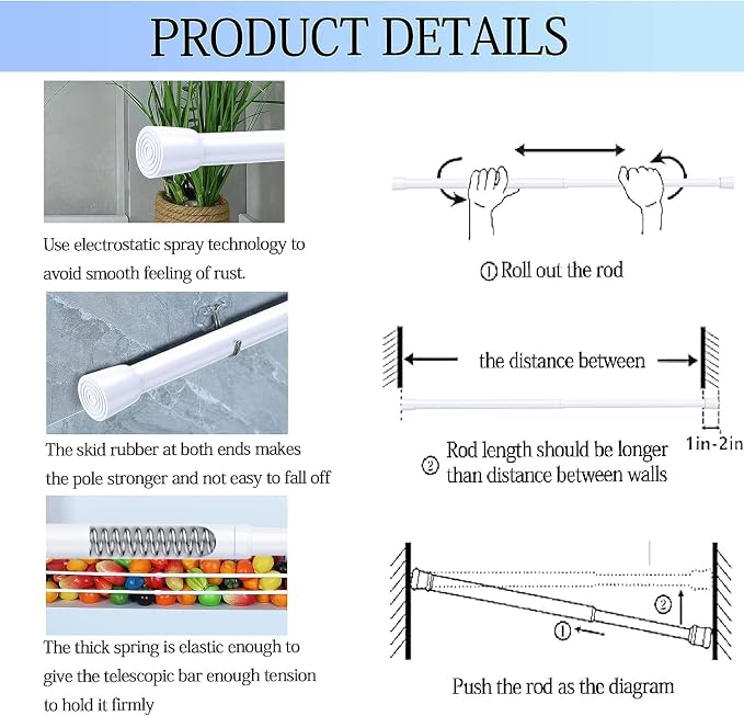 AIZESI Spring Tension Rods Adjustable Tension Curtain Rod Small Tension Rod No - Image 7