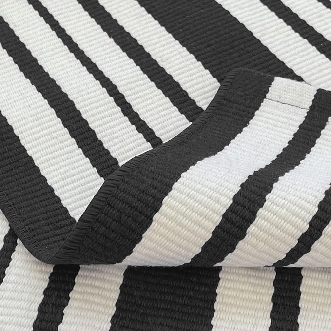 KOZYFLY Black and White Striped Doormat 2x3 Ft Small Area Rug Cotton Front - Image 6
