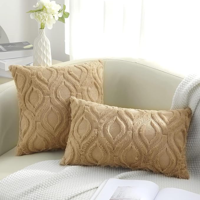 decorUhome Throw Pillow Covers 24x24 Inch Set of 2, Soft Plush Faux Wool Khaki - Image 9