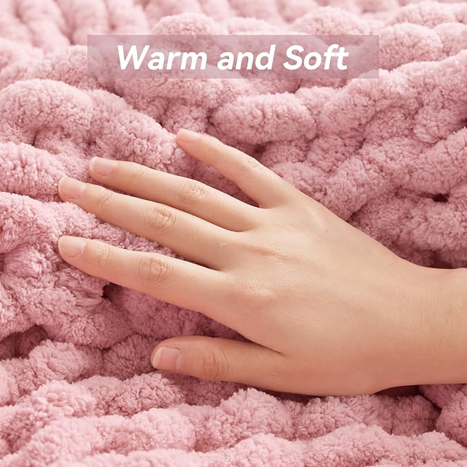 Negwoo Chunky Knit Throw Blanket, Handmade Light Pink Crochet Big Thick Blanket - Image 7