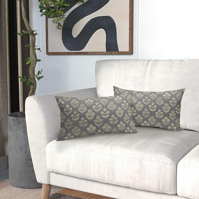 Grey Gray Pillow Covers 12x20 Inch Set of 2, Cream Floral Block Print Pattern - Image 6