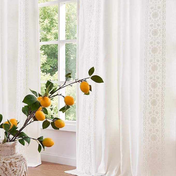 jinchan Weslie White Curtains for Bedroom Boho Vintage Floral Farmhouse by JINCHAN
