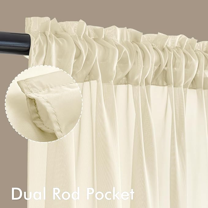MIULEE Light Cream Sheer Curtains 63 Inches Long, 4 Panels Set, Light Filtering - Image 3