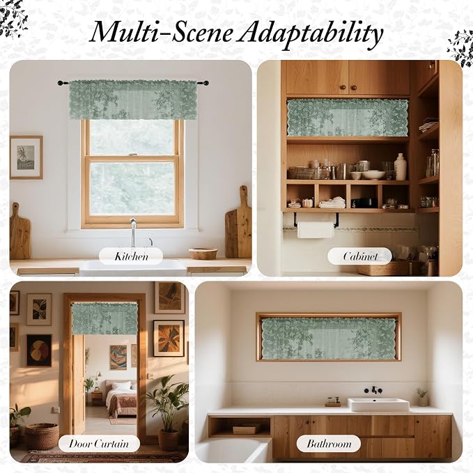 Rinwoc Sage Green Lace Semi-Sheer Valance Curtains – Vintage Leaf Lace Tier - Image 4