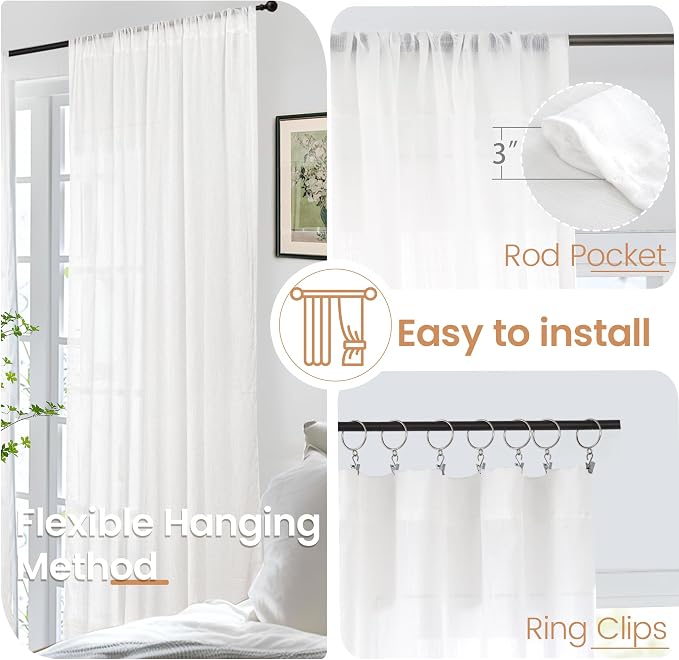 BGment White Linen Semi Sheer Curtains 36 Inch Length - Image 6