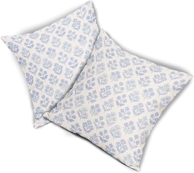 Baby Blue Floral Pillow Covers 18x18 Inch Set of 2, Vintage Flower Block Print - Image 8