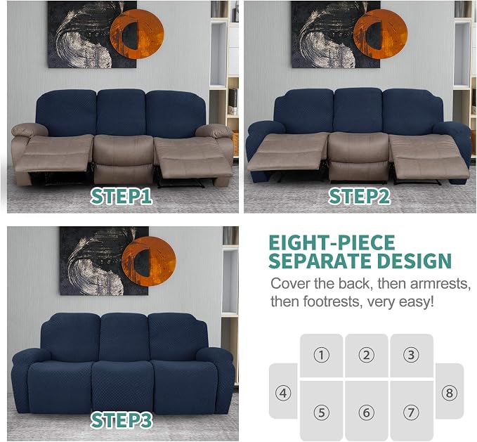 YEMYHOM 8 Pieces Stretch Recliner Sofa Cover Latest Jacquard Reclining Couch - Image 7