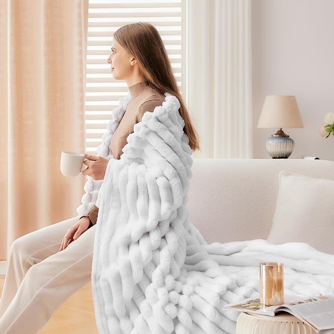 NEWCOSPLAY Super Soft Twin Blanket White Premium Silky Flannel Fleece 3D Ribbed - Image 5