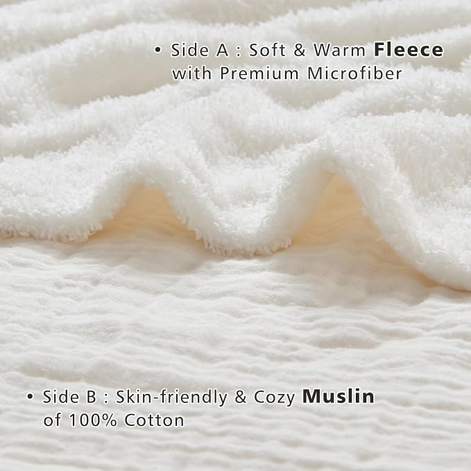 EMME White Throw Blanket Muslin and Fleece Blanket - Image 4