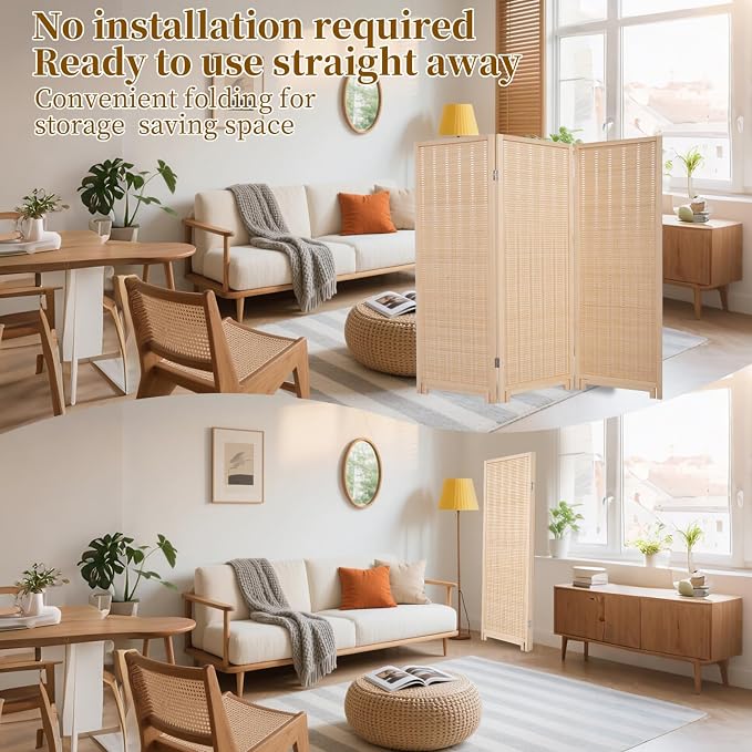 Bamboo Room Divider Panel with 360°Rotating Feet, 3 Panel 47" H Short Folding - Image 4