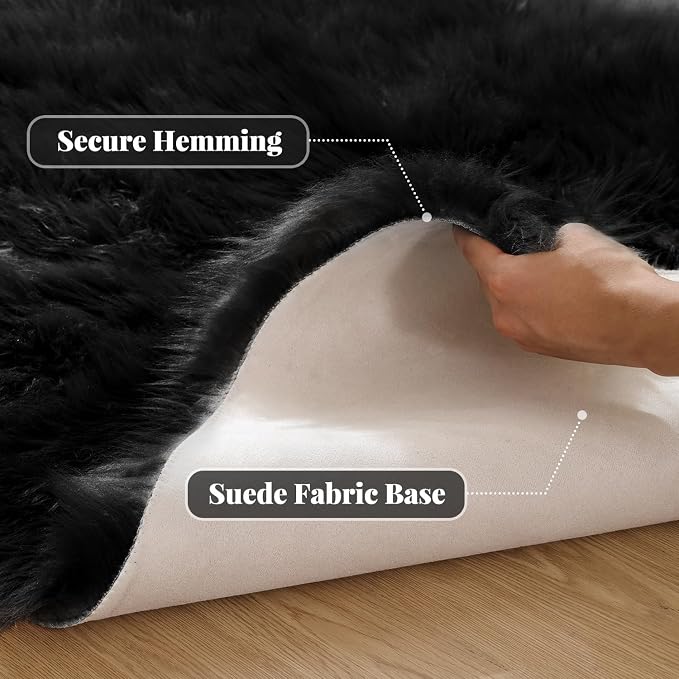 ORINOVA Black Fluffy Faux Sheepskin Washable Fur Area Rugs - Image 2