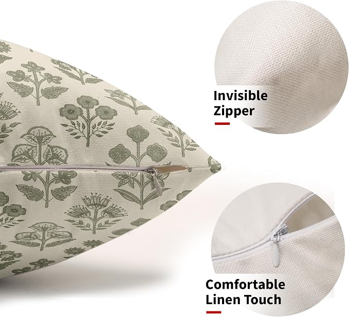 Sage Green Floral Pillow Covers 12x20 Inch Set of 2, Block Print Lumbar Flower - Image 2