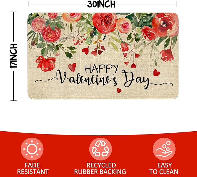 Valentines Day Door Mat, Floral Love Hearts Red Rose Flowers Indoor Outdoor - Image 3