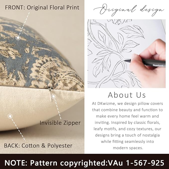 Vintage Floral Print Throw Pillow Covers 18x18 Set of 2 Neutral Modern - Image 3