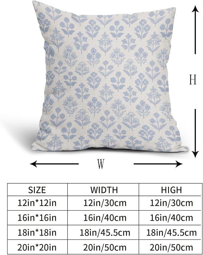 Baby Blue Floral Pillow Covers 18x18 Inch Set of 2, Vintage Flower Block Print - Image 5
