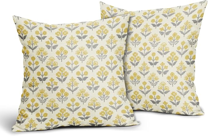 Yello Grey Gray Floral Pillow Covers 24x24 Inch Set of 2, Vintage Flower Block - Image 2