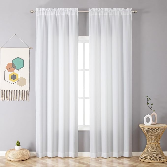 Chyhomenyc White Curtains 90 Inch Length 2 Panels Set, Faux Linen Textured Semi - Image 2
