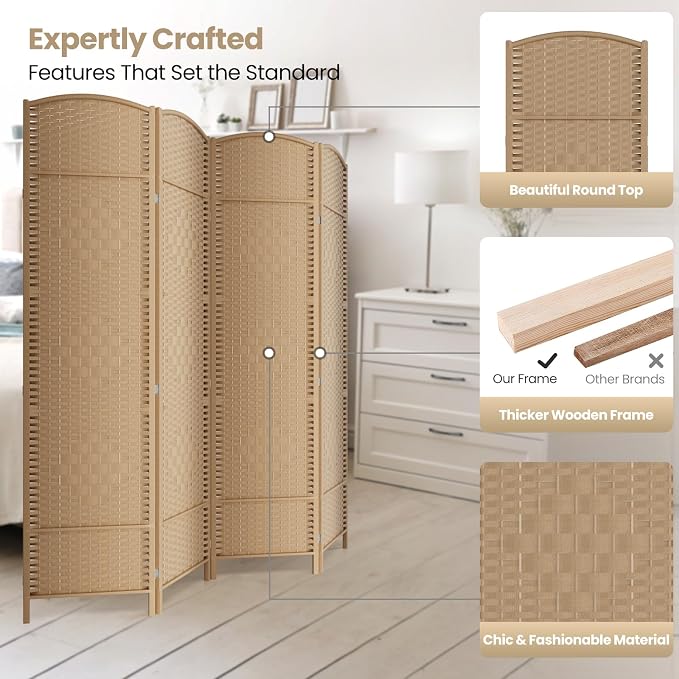 6 ft. Tall Room Divider and Folding Privacy Screen, Weave Fiber Foldable Panel - Image 2