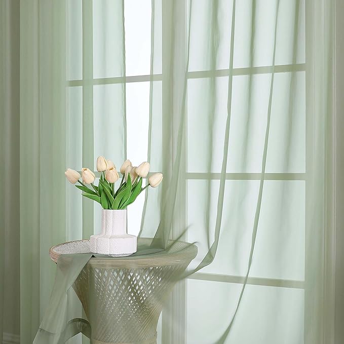 OVZME Sage Green Sheer Curtains 63 Inches Long 2 Panels Set, Light Filtering - Image 6