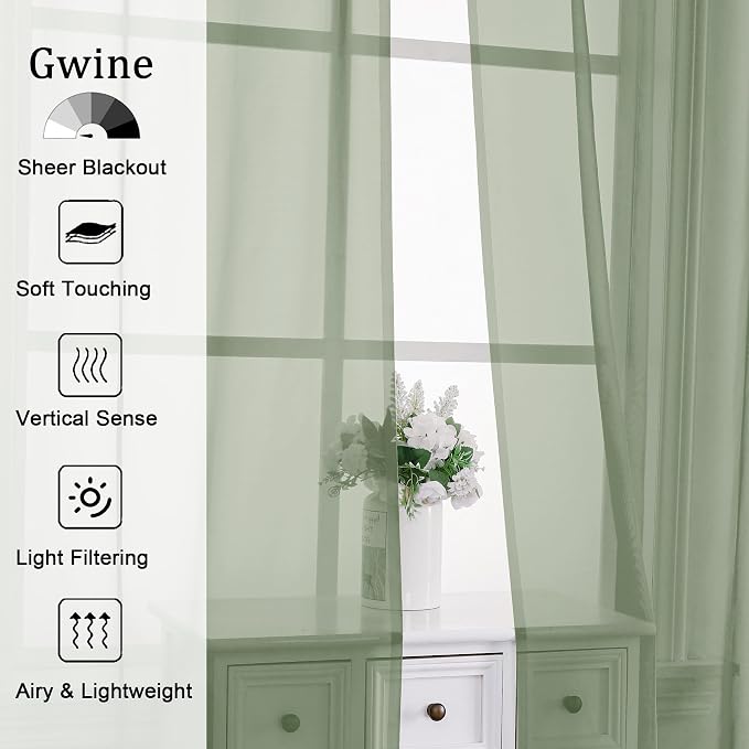 Gwine Sage Green Sheer Curtains 84 Inches Long 2 Panels Set - Image 2
