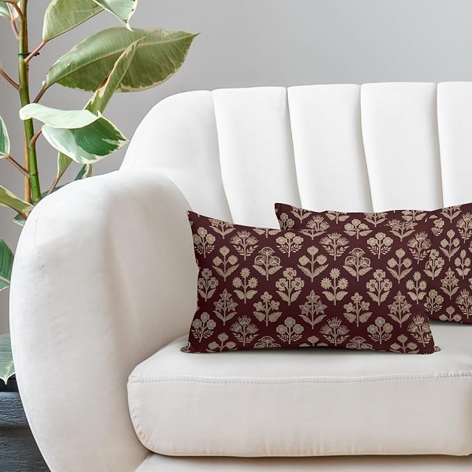 Burgundy Pillow Covers 12x20 Inch Set of 2, Cream Floral Block Print Pattern - Image 5