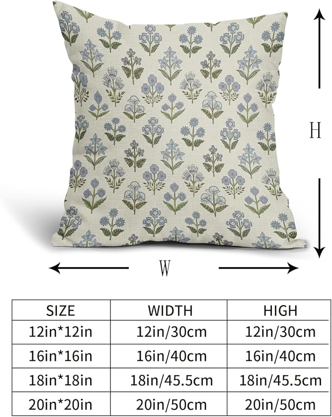 Blue Green Block Print Pillow Covers 22x22 Inch Set of 2, Vintage Floral Spring - Image 5