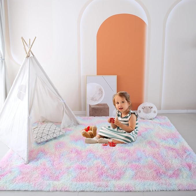 Rugs for Girls Bedroom Living Room: 5x7 Shag Fuzzy Area Rug for Kids Playroom - Image 3