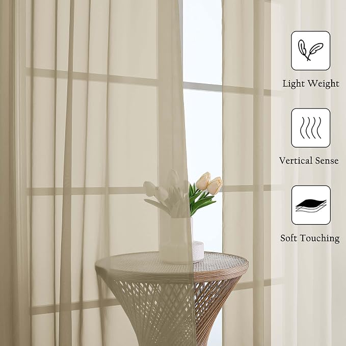 Lecloud Taupe Sheer Curtains 90 Inches Long 2 Panels Set, Living Room Curtains - Image 2