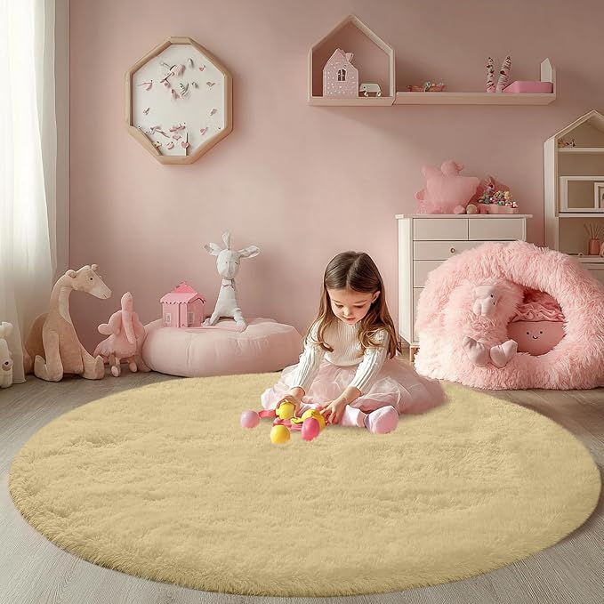 Beige Round Rug for Bedroom: 4x4Feet Soft and Fluffy Area Rug for Living Room- by CAIYUECS