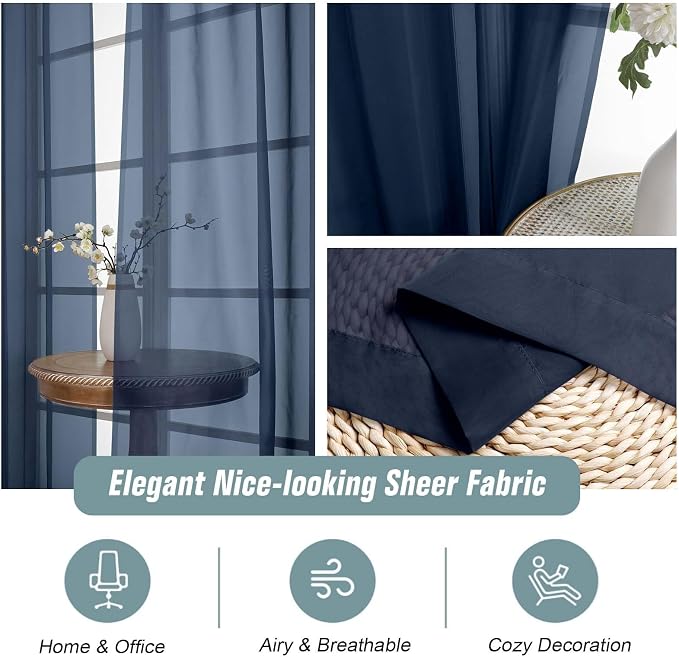 Navy Blue Window Sheer Curtains 45 Inches Length, Voile Short Curtains - Image 4