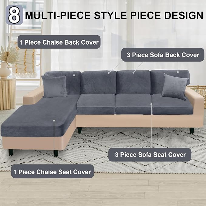 NAISI Sectional Couch Covers 8 Pieces Velvet Couch Cushion Covers L Shape Soft - Image 5
